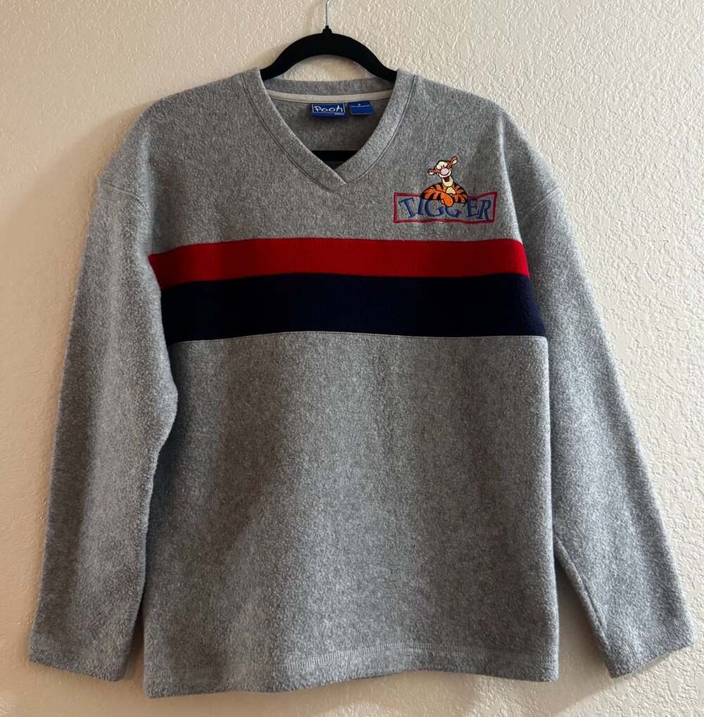 Vtg 90s Y2K Disney Pooh Tigger Fleece Pullover Sweatshirt Wms S Gray Red Navy